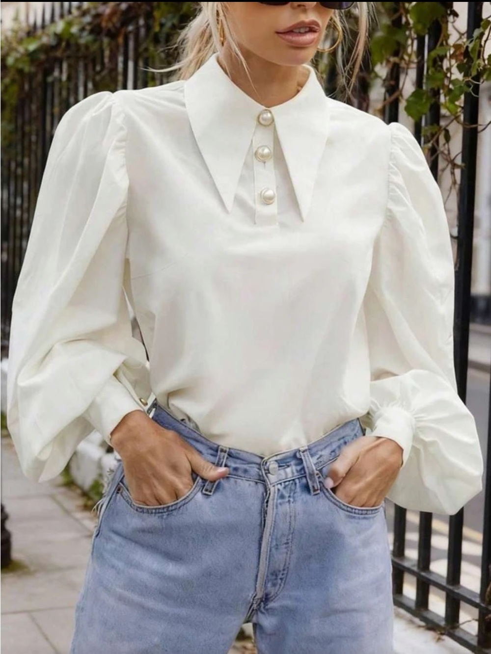 Classic Plus Size Pearl Button Puff Sleeve Button Down Up Shirt Top Blouse